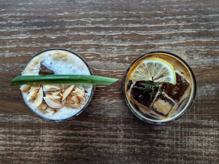 Top-down view of two coffee cups