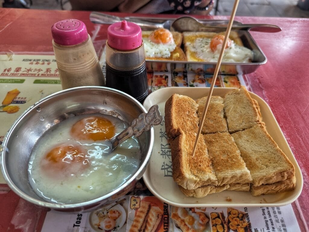 Kopitiam breakfast: eggs and kaya toast.